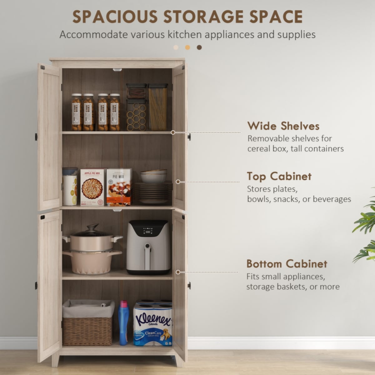 Storage Cabinet Organizer with 4-Tiers, and Adjustable Shelves, Natural