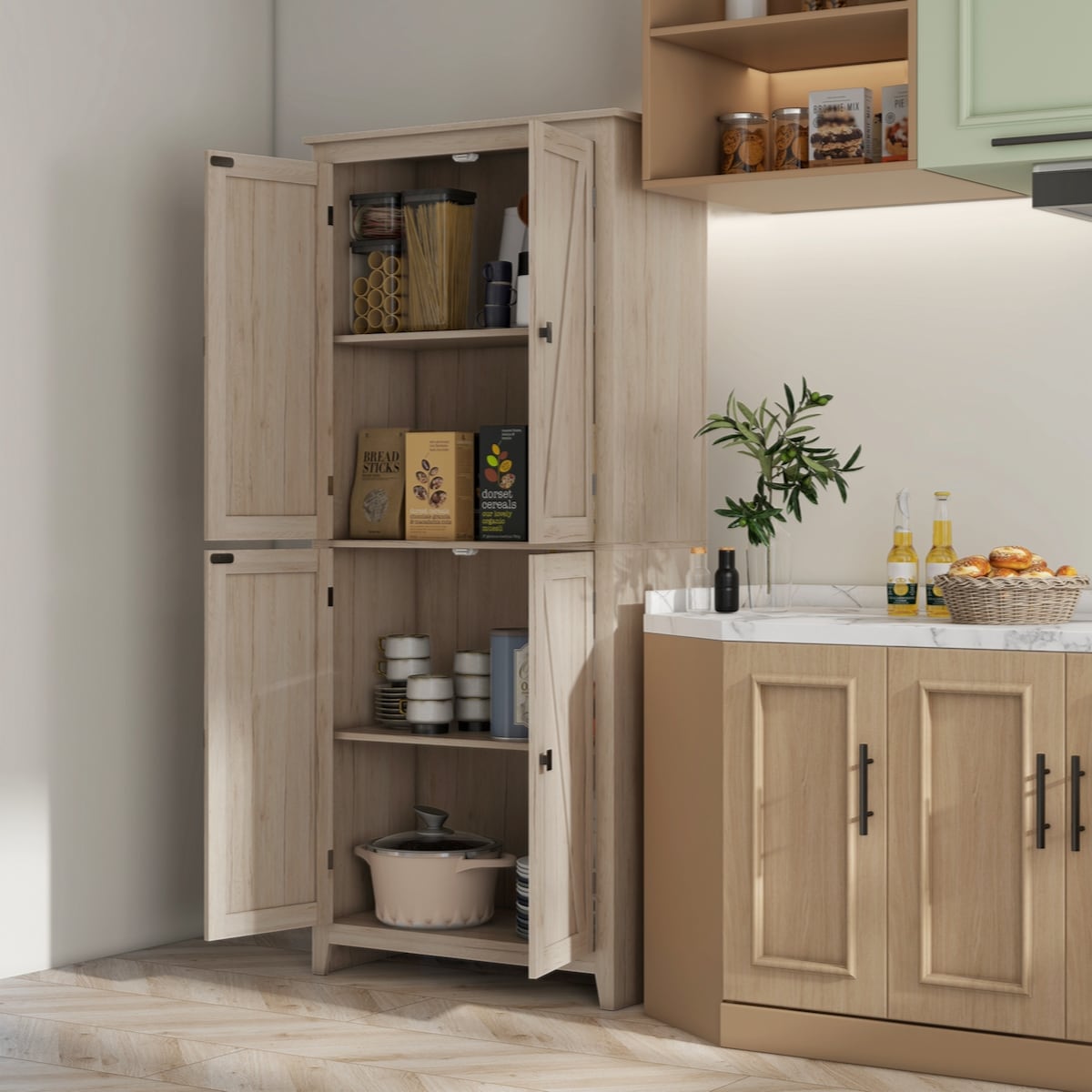 Storage Cabinet Organizer with 4-Tiers, and Adjustable Shelves, Natural