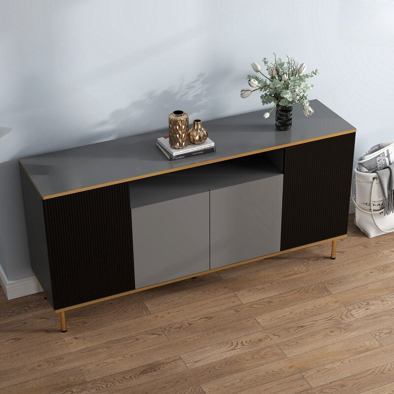 Storage Cabinet with Doors, Black mixed with gray Accent Cabinet, Modern Cabinet, Sideboard with Metal Base