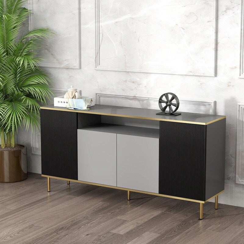 Storage Cabinet with Doors, Black mixed with gray Accent Cabinet, Modern Cabinet, Sideboard with Metal Base