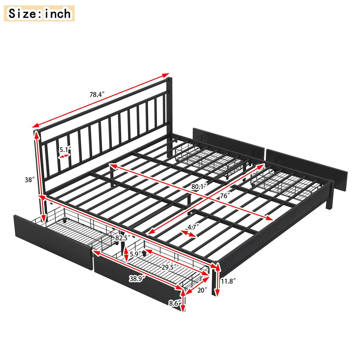 Storage Metal Platform Bed with 4 Drawers