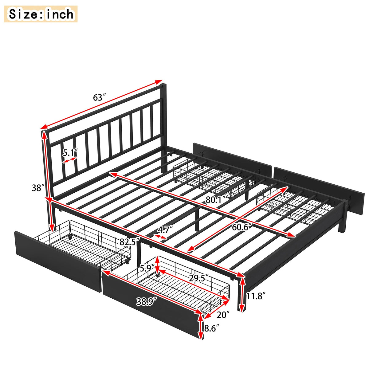 Storage Metal Platform Bed with 4 Drawers