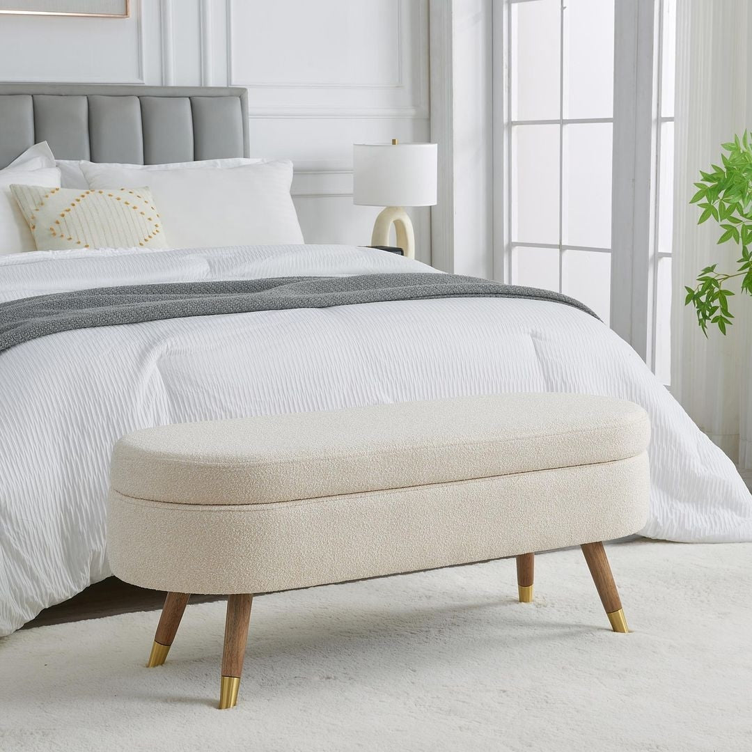 43.50" Upholstered boucle ottoman Storage Bench with wood leg