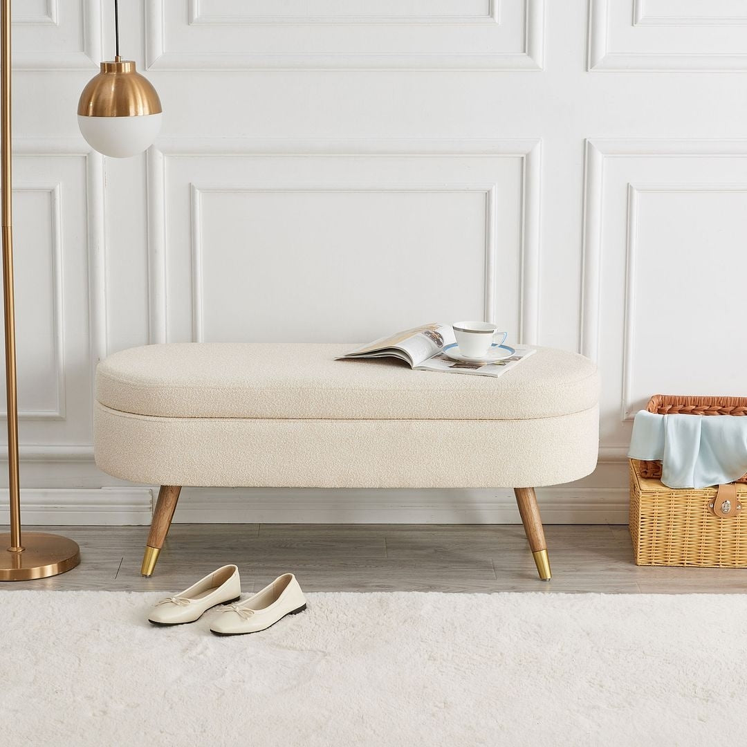 43.50" Upholstered boucle ottoman Storage Bench with wood leg