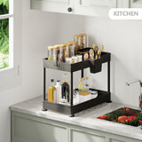 StorageBud 2 Tier Non-Slip Grip Kitchen Under Sink Organizer - Bathroom Cabinet Organizer with Utility Hooks and Side Caddy