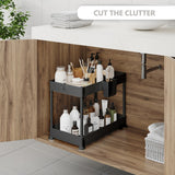 StorageBud 2 Tier Non-Slip Grip Kitchen Under Sink Organizer - Bathroom Cabinet Organizer with Utility Hooks and Side Caddy
