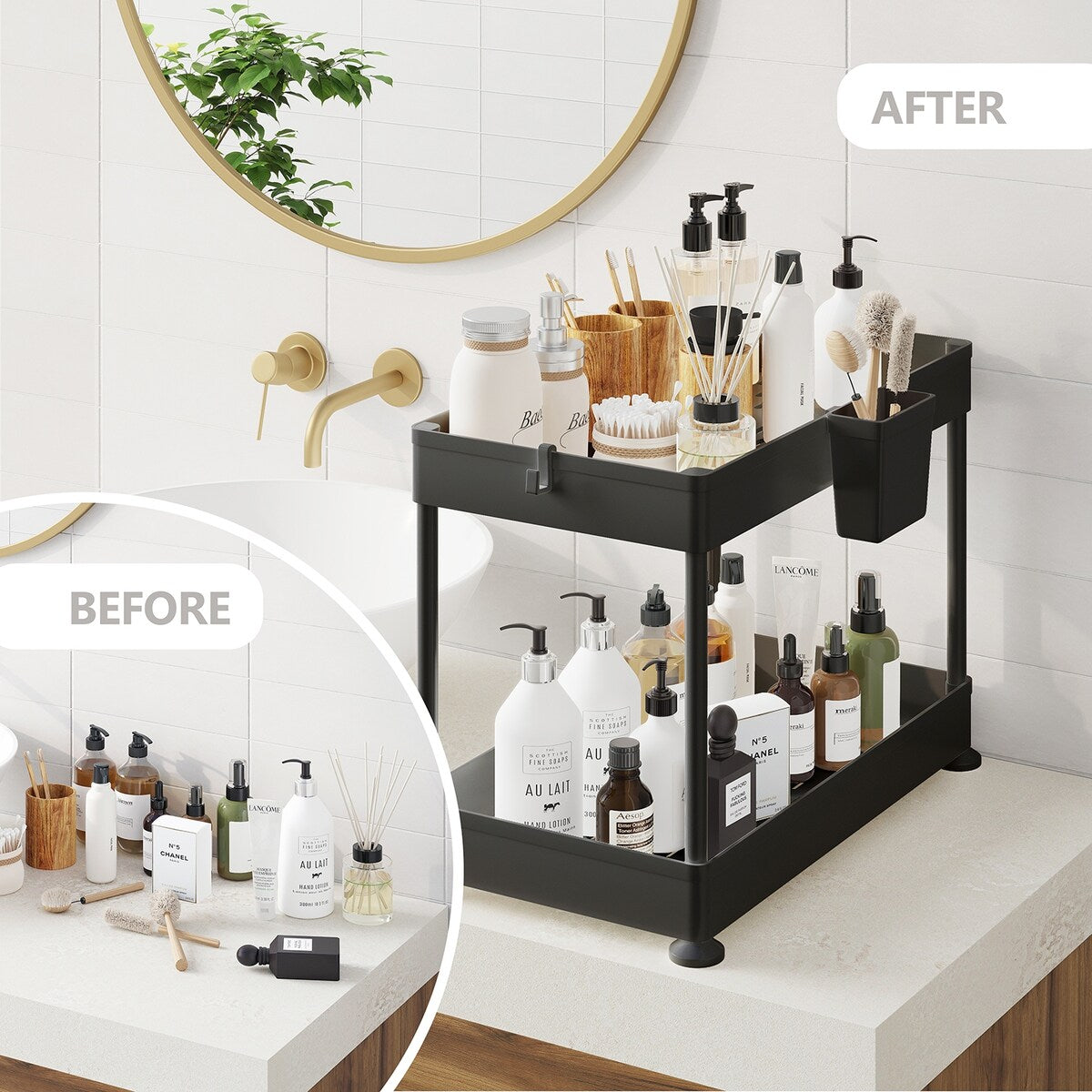 StorageBud 2 Tier Non-Slip Grip Kitchen Under Sink Organizer - Bathroom Cabinet Organizer with Utility Hooks and Side Caddy