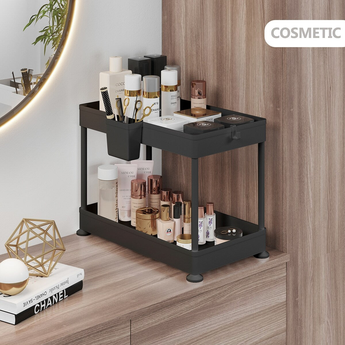StorageBud 2 Tier Non-Slip Grip Kitchen Under Sink Organizer - Bathroom Cabinet Organizer with Utility Hooks and Side Caddy