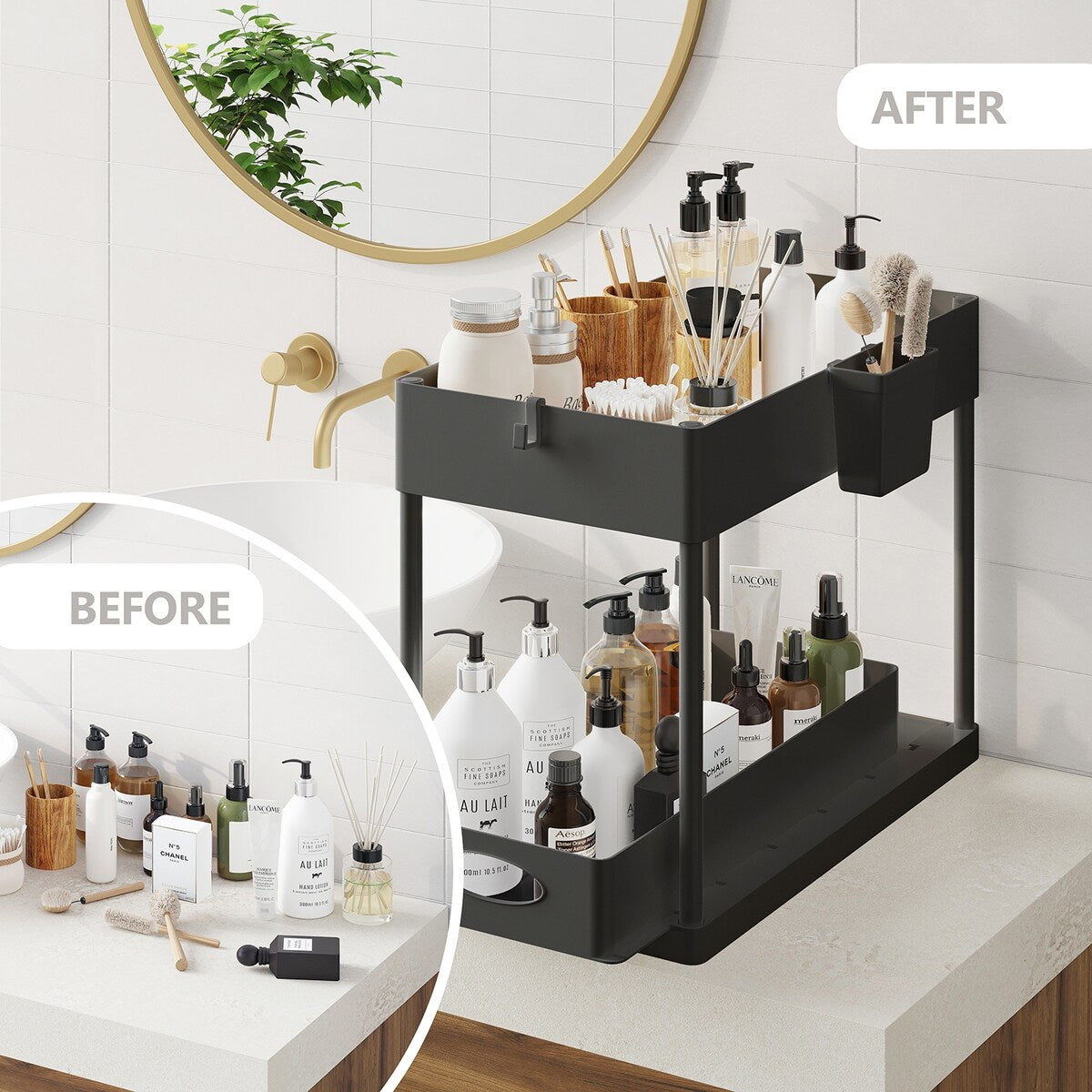 StorageBud 2 Tier Under Kitchen Sink Organizer with Sliding Drawer-Bathroom Cabinet Organizer with Utility Hooks and Side Caddy