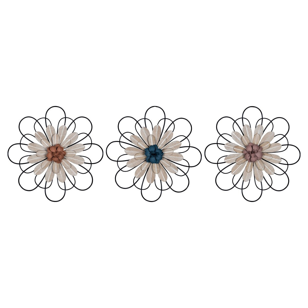 tratton Home Decor Set of 3 Layered Metal and Wood Flowers Wall Decor