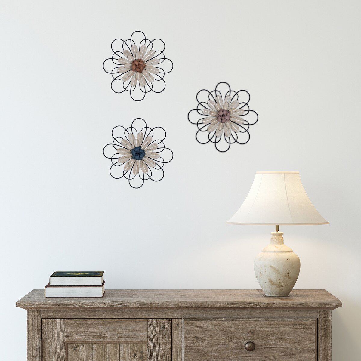 tratton Home Decor Set of 3 Layered Metal and Wood Flowers Wall Decor