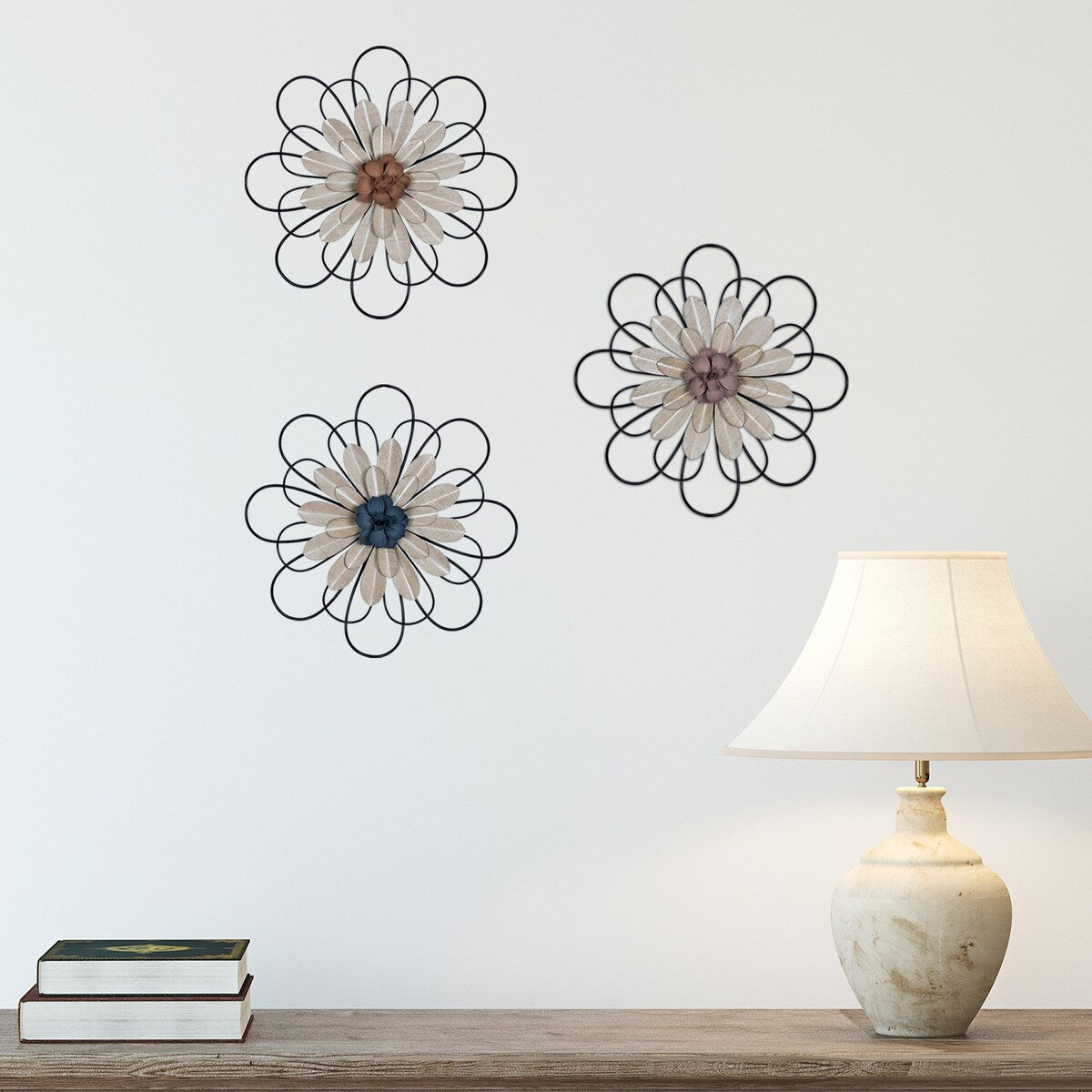 tratton Home Decor Set of 3 Layered Metal and Wood Flowers Wall Decor