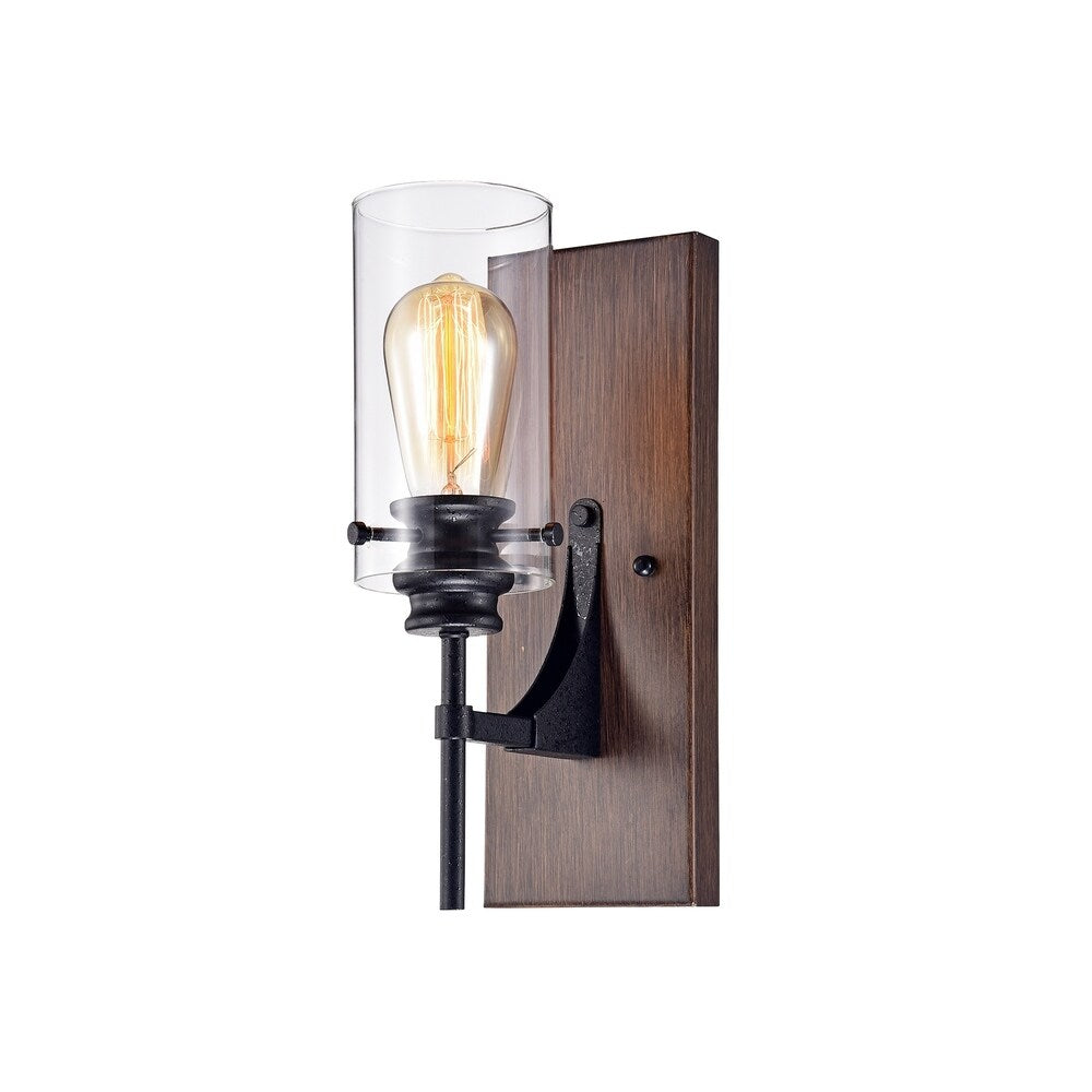 Stravo 1-light Black and Faux Wood Finish Metal Wall Sconce with Glass Cylinder Shade (includes Edison Bulb)