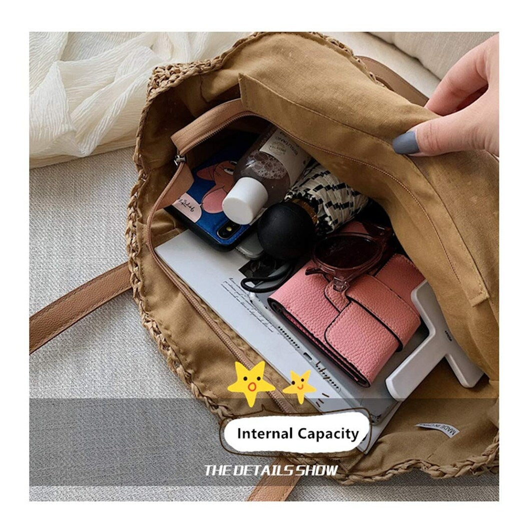 Straw Handbags Women Handwoven Round Corn Straw Bags Natural Chic Hand Large Summer Beach Tote Woven Handle Shoulder Bag