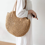 Straw Handbags Women Handwoven Round Corn Straw Bags Natural Chic Hand Large Summer Beach Tote Woven Handle Shoulder Bag
