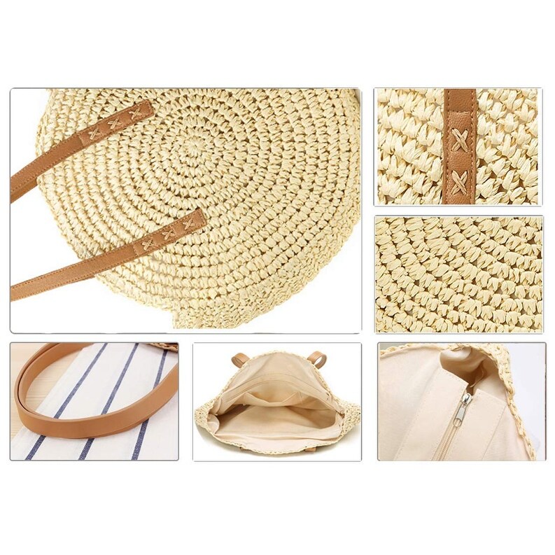 Straw Handbags Women Handwoven Round Corn Straw Bags Natural Chic Hand Large Summer Beach Tote Woven Handle Shoulder Bag