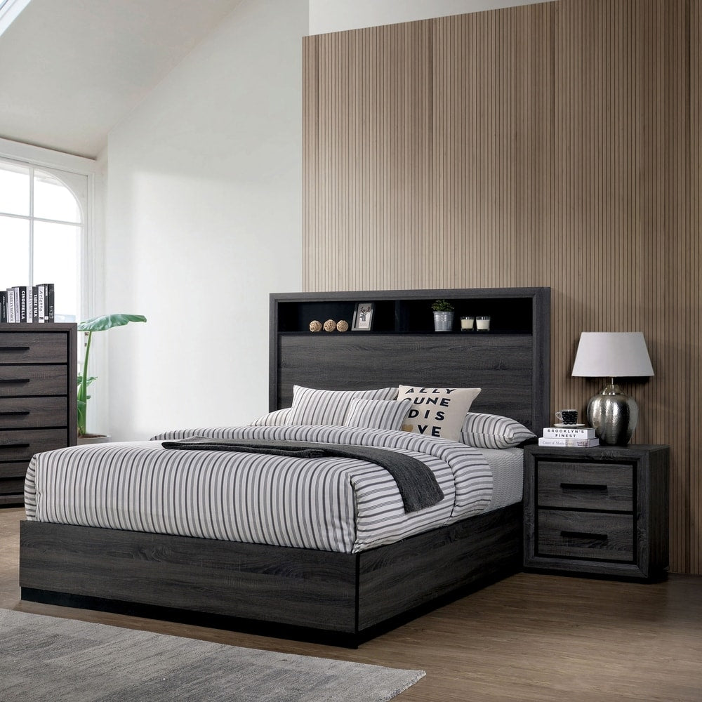Rothwell Contemporary Grey Wood 3-Piece Panel Bedroom Set with Shelves by Furniture of America