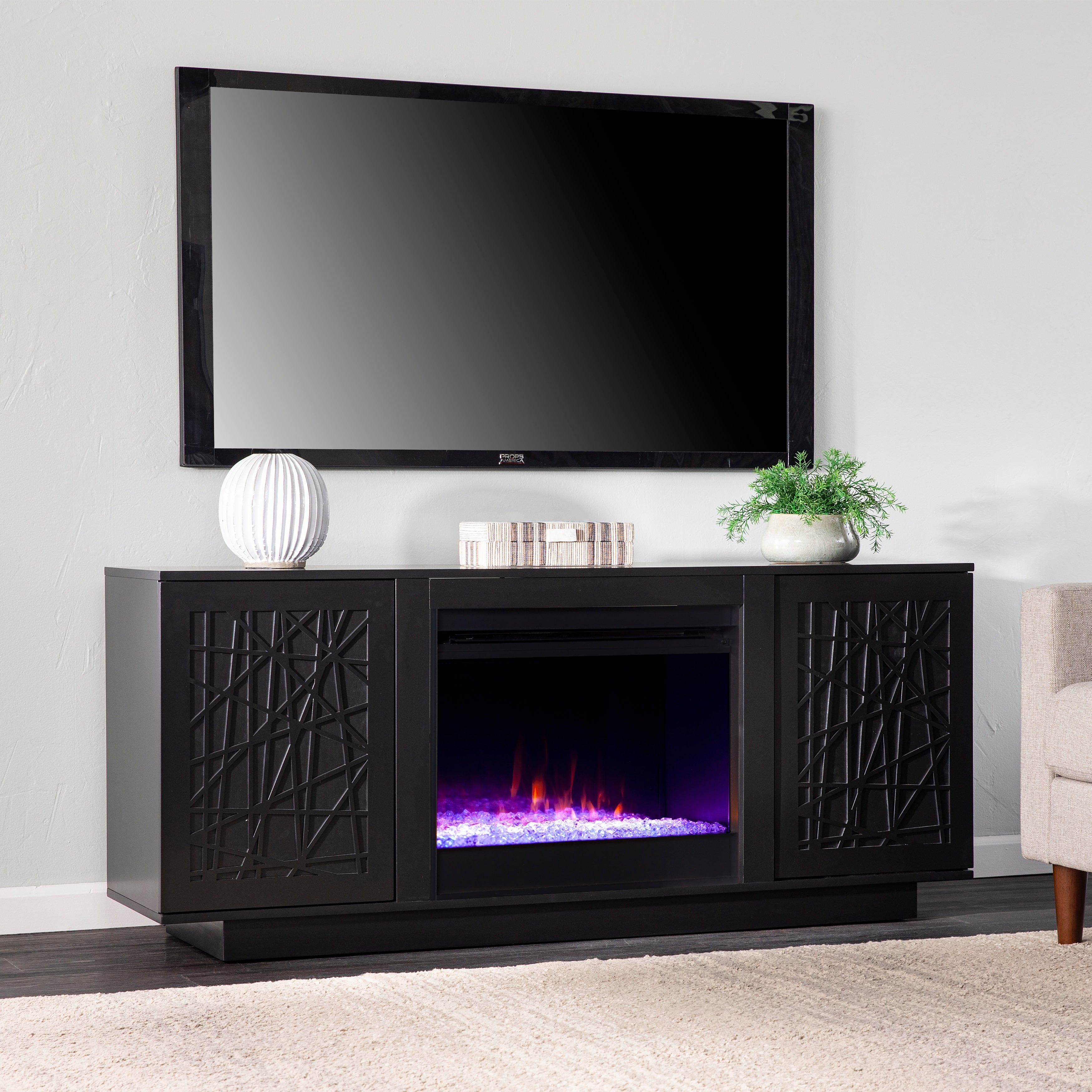 SEI Furniture DeLauro Color Changing Electric Fireplace Media TV Stand with Storage Black