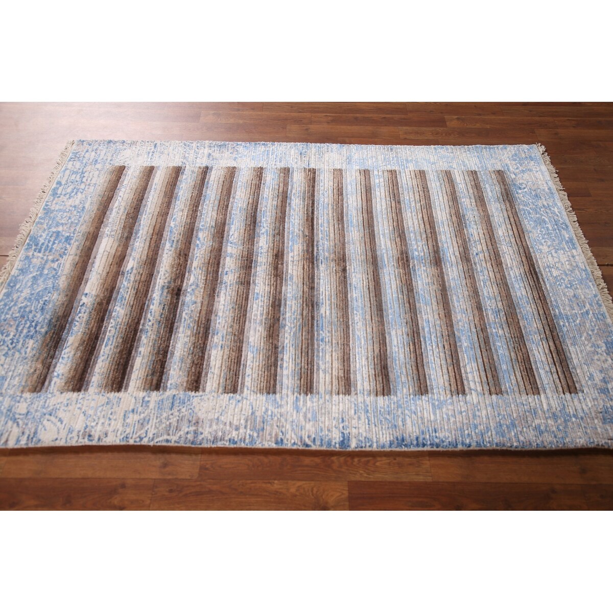 Striped Abstract Modern Accent Rug Hand-Knotted Wool Carpet - 4'1"x 5'10"