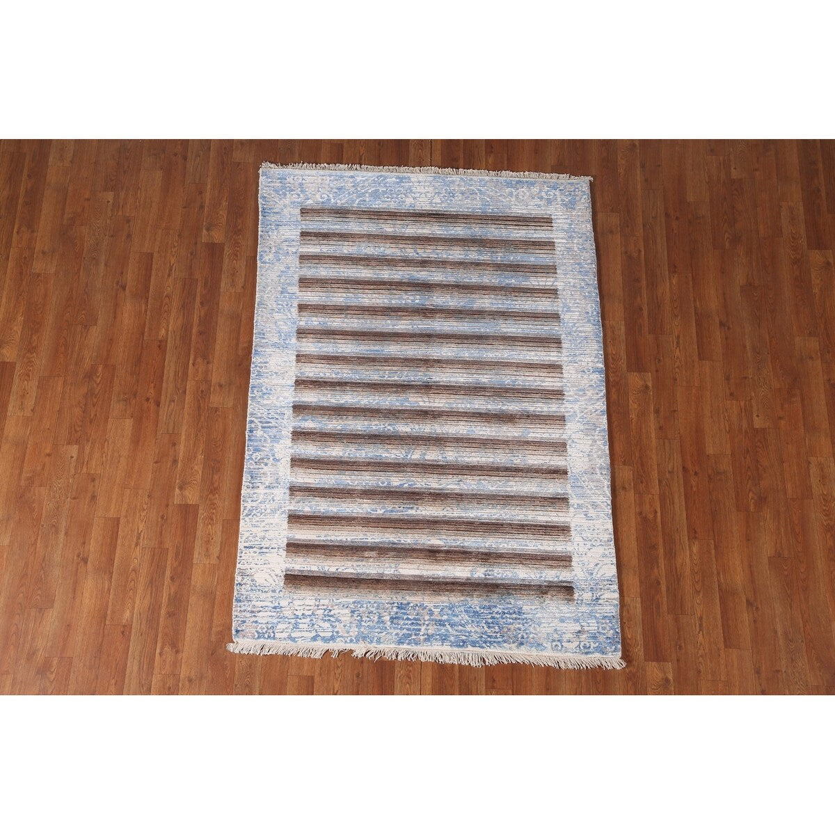 Striped Abstract Modern Accent Rug Hand-Knotted Wool Carpet - 4'1"x 5'10"