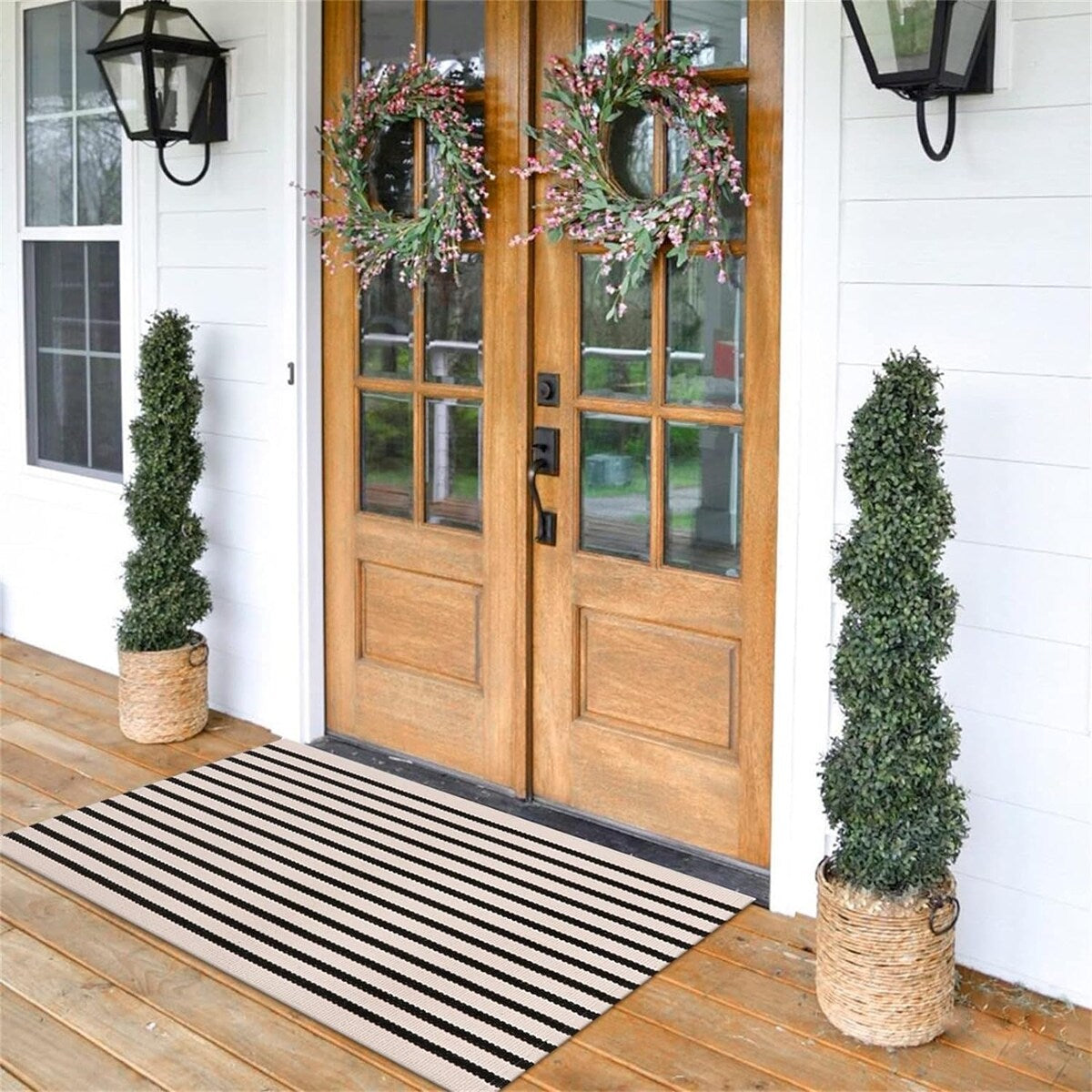 Striped Doormat Washable Front Porch Rug Layered Door Mats for Entryway/Bathroom/Home Entrance - Black and White