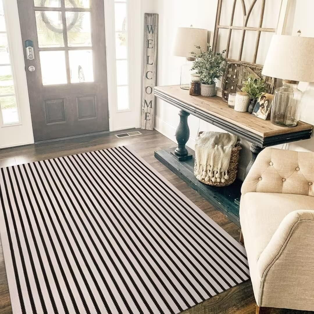 Striped Doormat Washable Front Porch Rug Layered Door Mats for Entryway/Bathroom/Home Entrance - Black and White