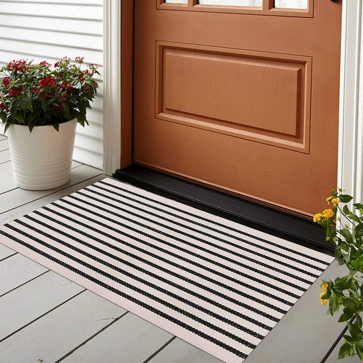 Striped Doormat Washable Front Porch Rug Layered Door Mats for Entryway/Bathroom/Home Entrance - Black and White