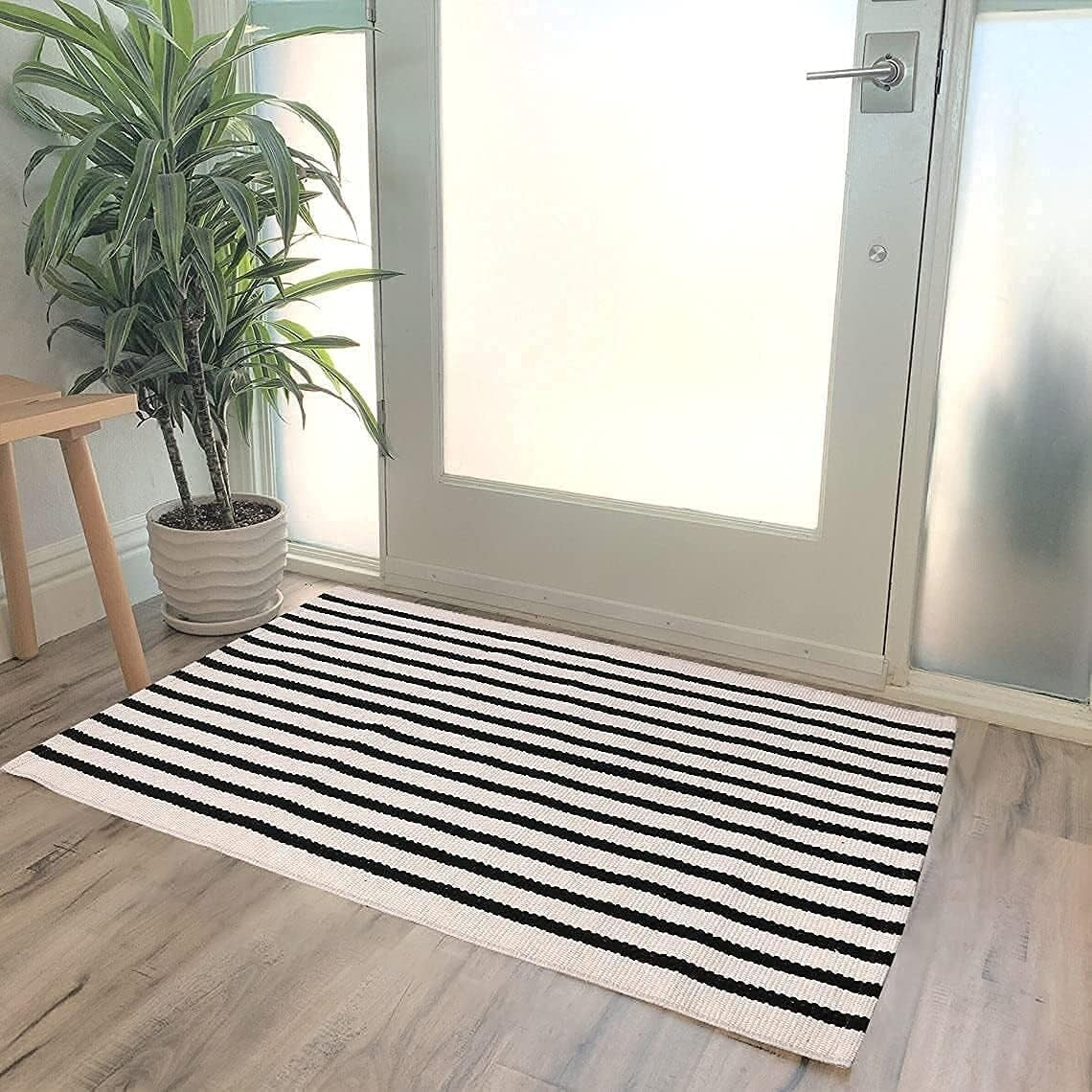Striped Doormat Washable Front Porch Rug Layered Door Mats for Entryway/Bathroom/Home Entrance - Black and White