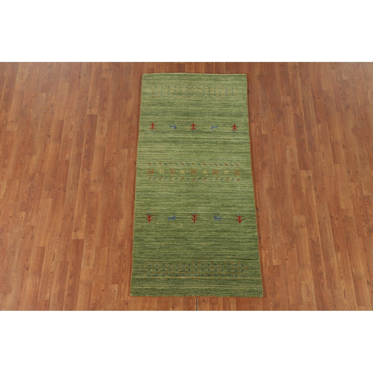 Striped Green Gabbeh Oriental Accent Rug Wool Carpet - 2'9" x 5'9"