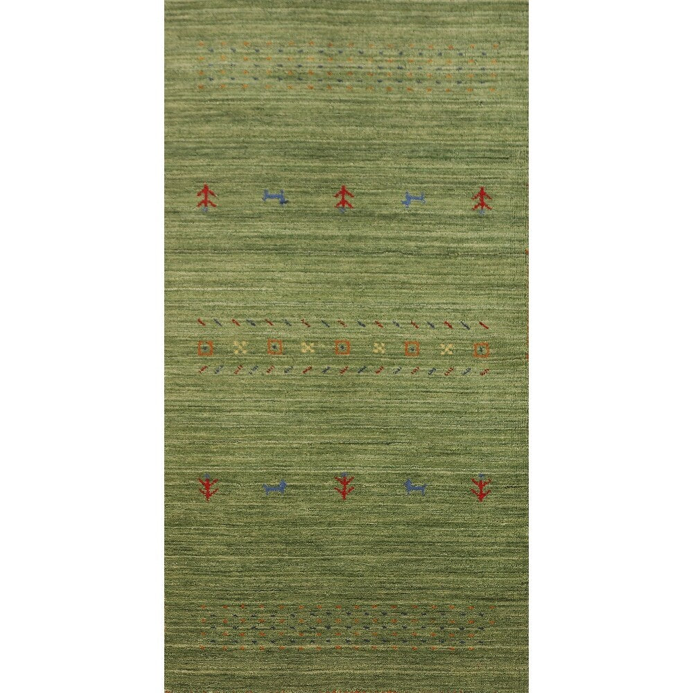 Striped Green Gabbeh Oriental Accent Rug Wool Carpet - 2'9" x 5'9"