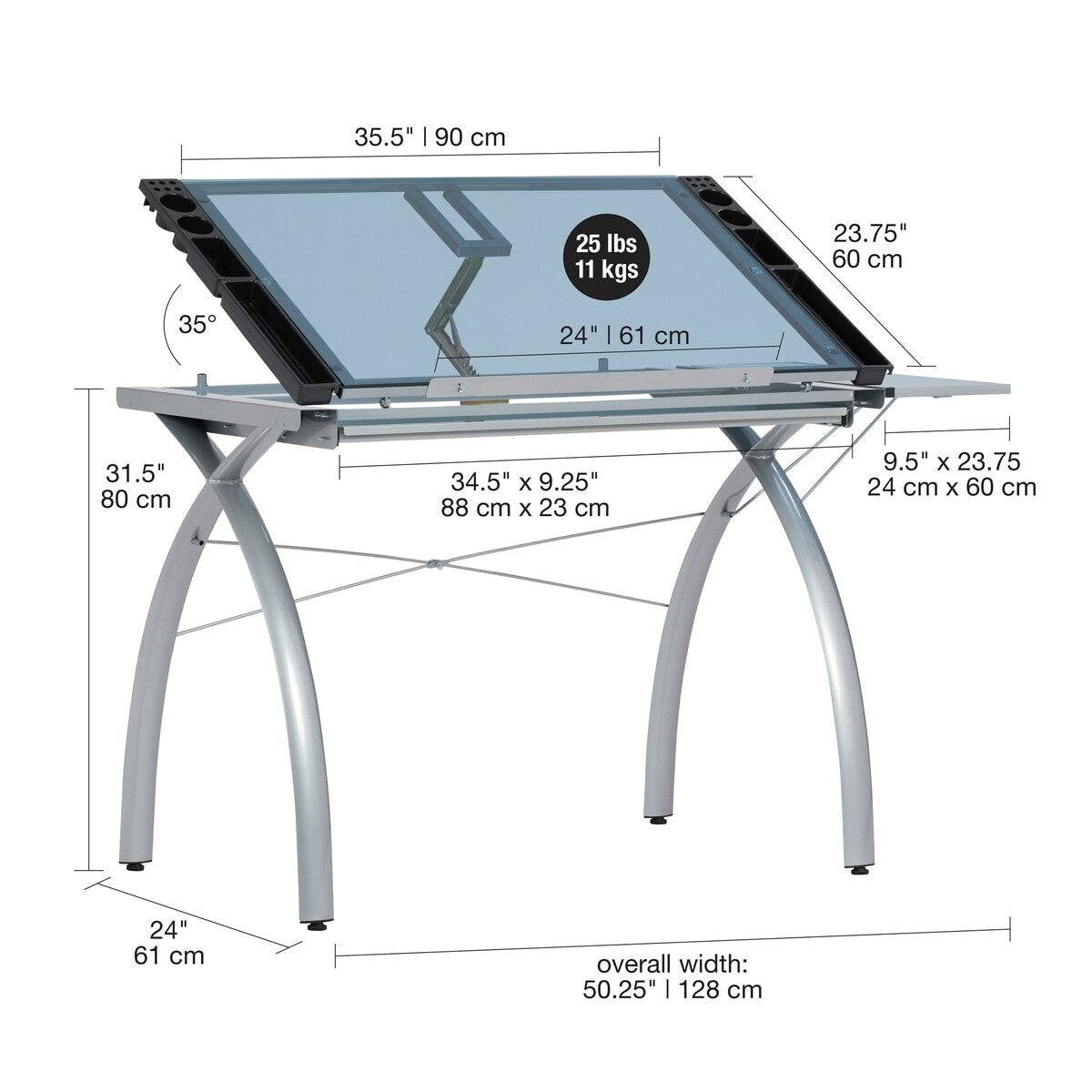Studio Designs Futura Glass Top Drafting Table with Folding Shelf