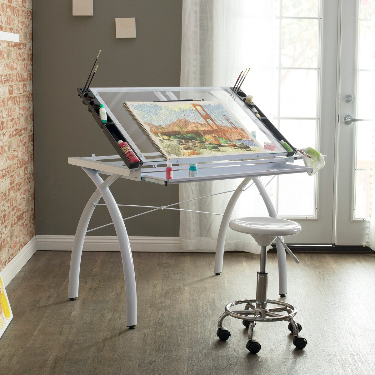Studio Designs Futura Glass Top Drafting Table with Folding Shelf