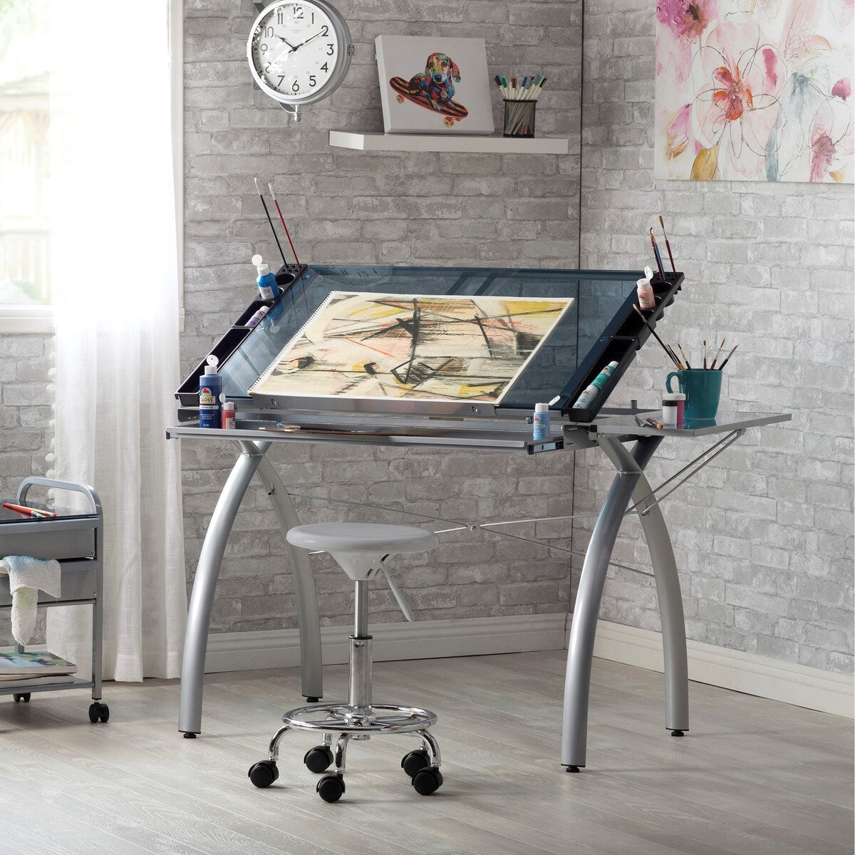Studio Designs Futura Glass Top Drafting Table with Folding Shelf