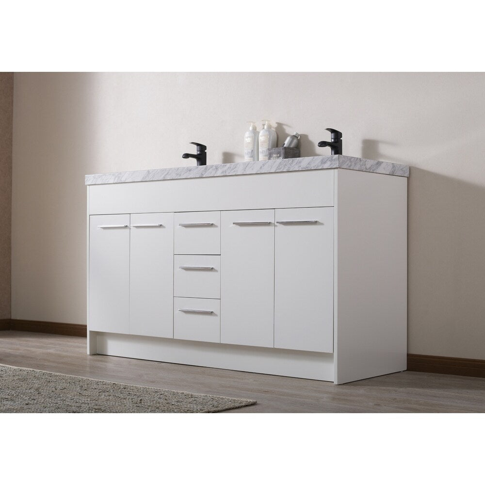 Stufurhome Lotus 60 Inch White Double Sink Bathroom Vanity with Drains and Faucets in Matte Black