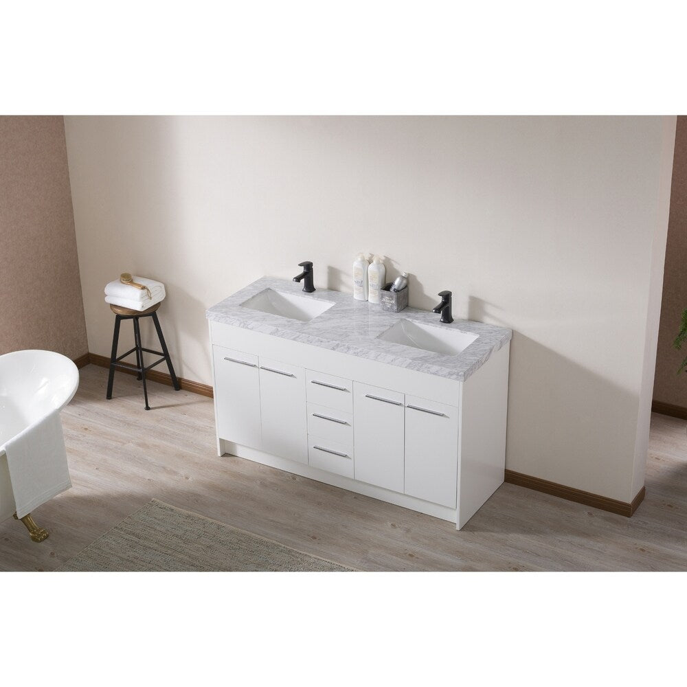 Stufurhome Lotus 60 Inch White Double Sink Bathroom Vanity with Drains and Faucets in Matte Black