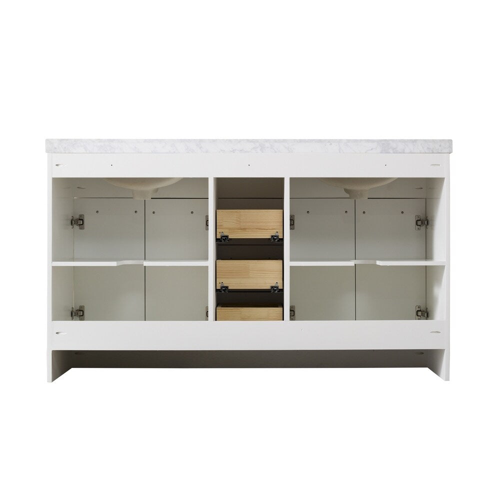 Stufurhome Lotus 60 Inch White Double Sink Bathroom Vanity with Drains and Faucets in Matte Black