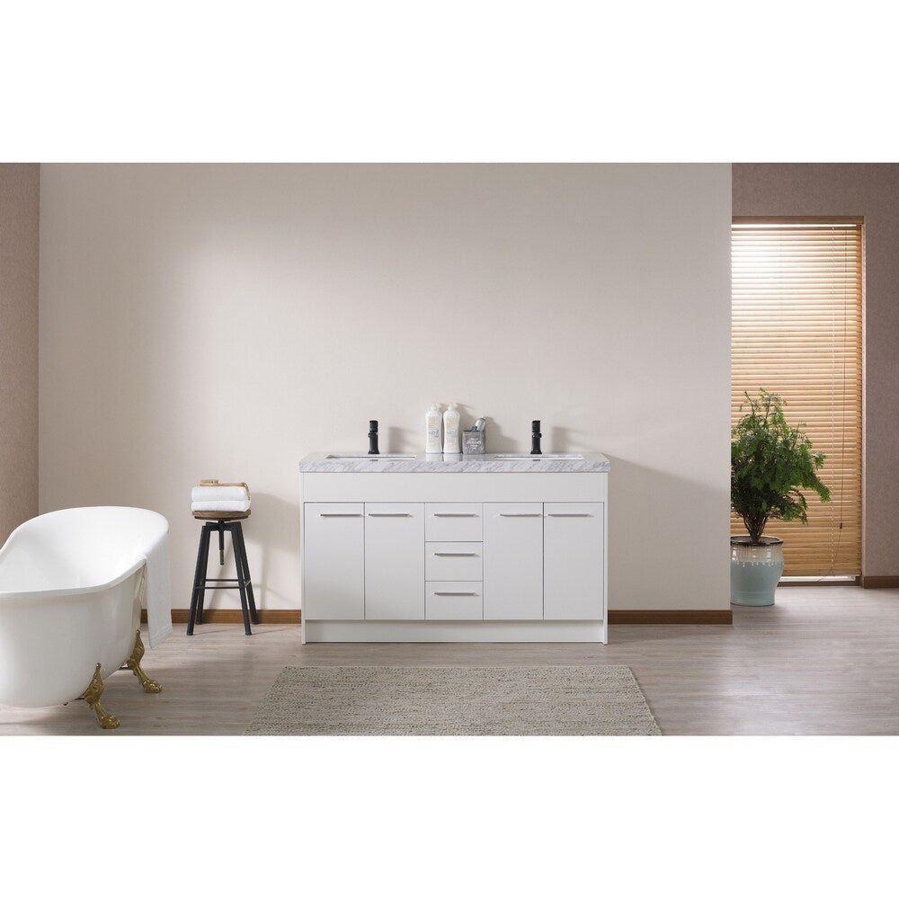 Stufurhome Lotus 60 Inch White Double Sink Bathroom Vanity with Drains and Faucets in Matte Black