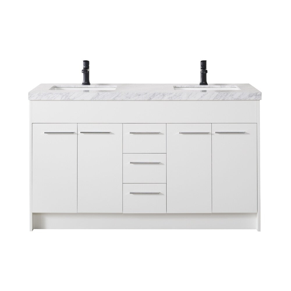 Stufurhome Lotus 60 Inch White Double Sink Bathroom Vanity with Drains and Faucets in Matte Black