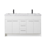 Stufurhome Lotus 60 Inch White Double Sink Bathroom Vanity with Drains and Faucets in Matte Black