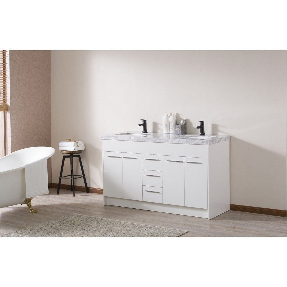 Stufurhome Lotus 60 Inch White Double Sink Bathroom Vanity with Drains and Faucets in Matte Black