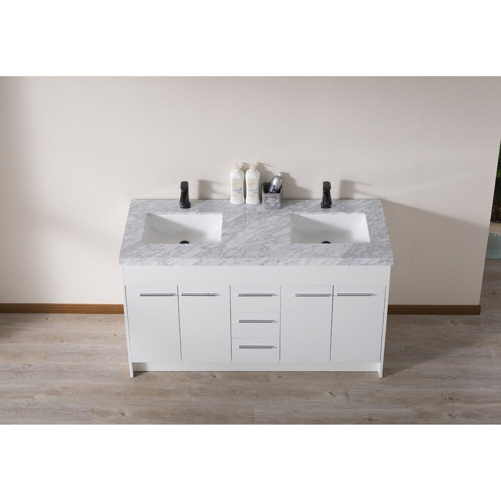 Stufurhome Lotus 60 Inch White Double Sink Bathroom Vanity with Drains and Faucets in Matte Black