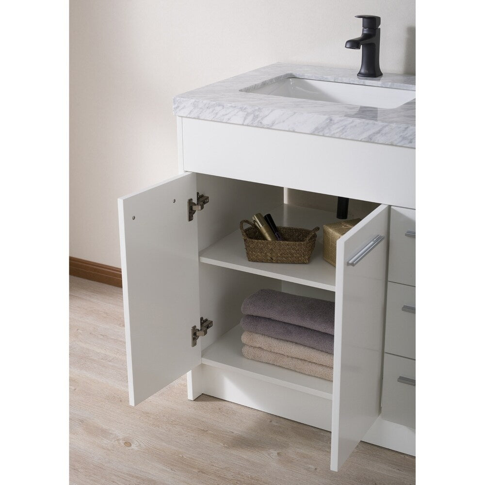 Stufurhome Lotus 60 Inch White Double Sink Bathroom Vanity with Drains and Faucets in Matte Black