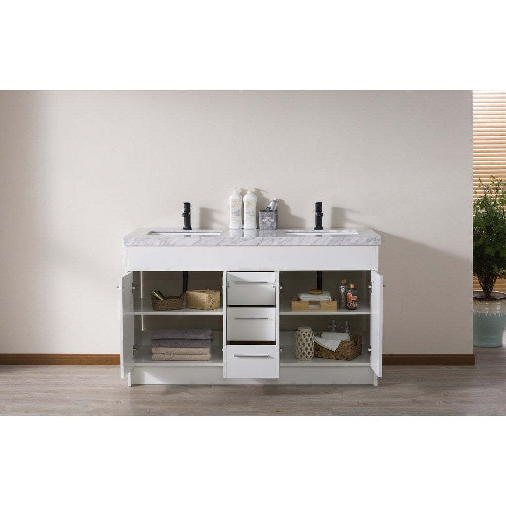 Stufurhome Lotus 60 Inch White Double Sink Bathroom Vanity with Drains and Faucets in Matte Black
