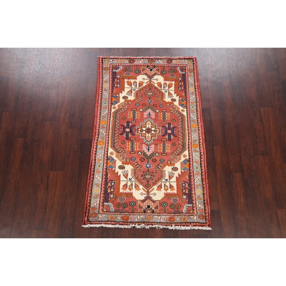 Stunning Geometric Red Hamedan Persian Area Rug Handmade Foyer Carpet - 3'7" x 5'7"