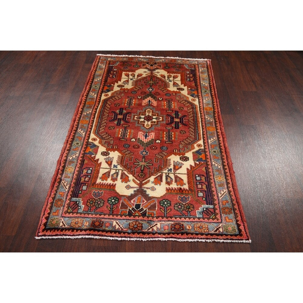 Stunning Geometric Red Hamedan Persian Area Rug Handmade Foyer Carpet - 3'7" x 5'7"