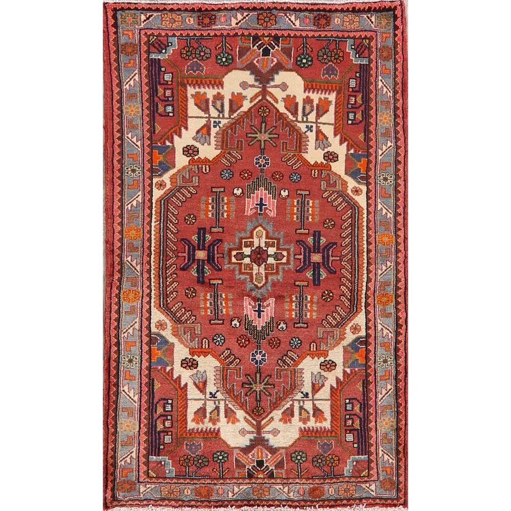 Stunning Geometric Red Hamedan Persian Area Rug Handmade Foyer Carpet - 3'7" x 5'7"