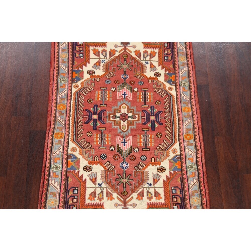 Stunning Geometric Red Hamedan Persian Area Rug Handmade Foyer Carpet - 3'7" x 5'7"