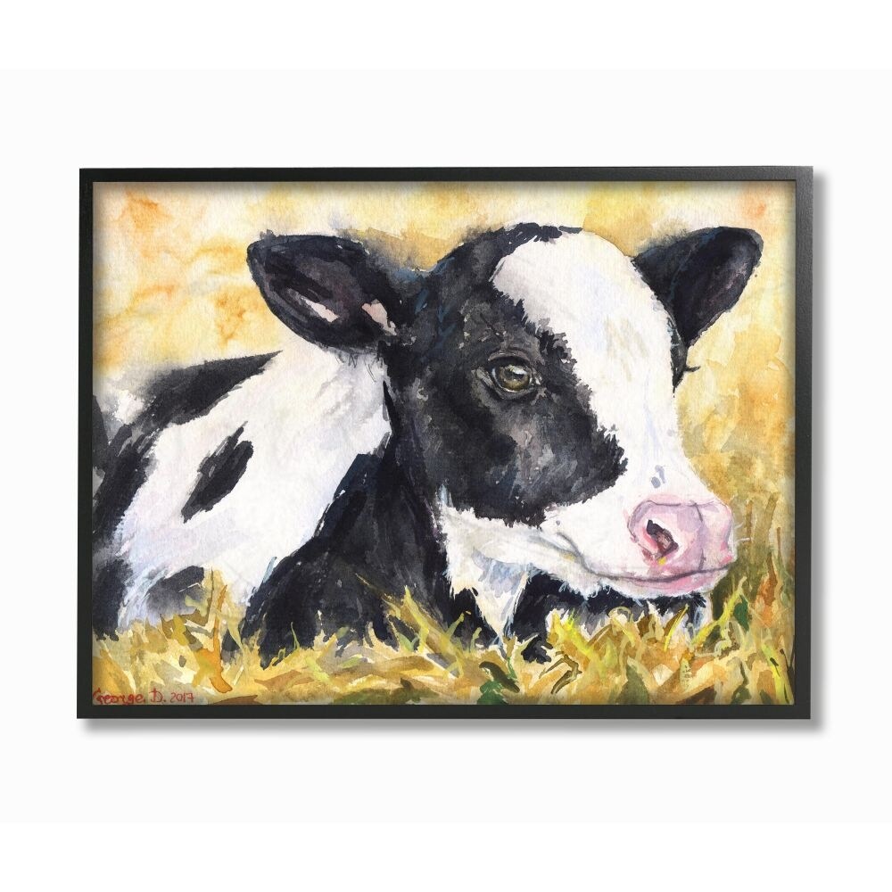 Stupell Cute Baby Cow Animal Yellow Watercolor Painting,11x14, Proudly Made in USA
