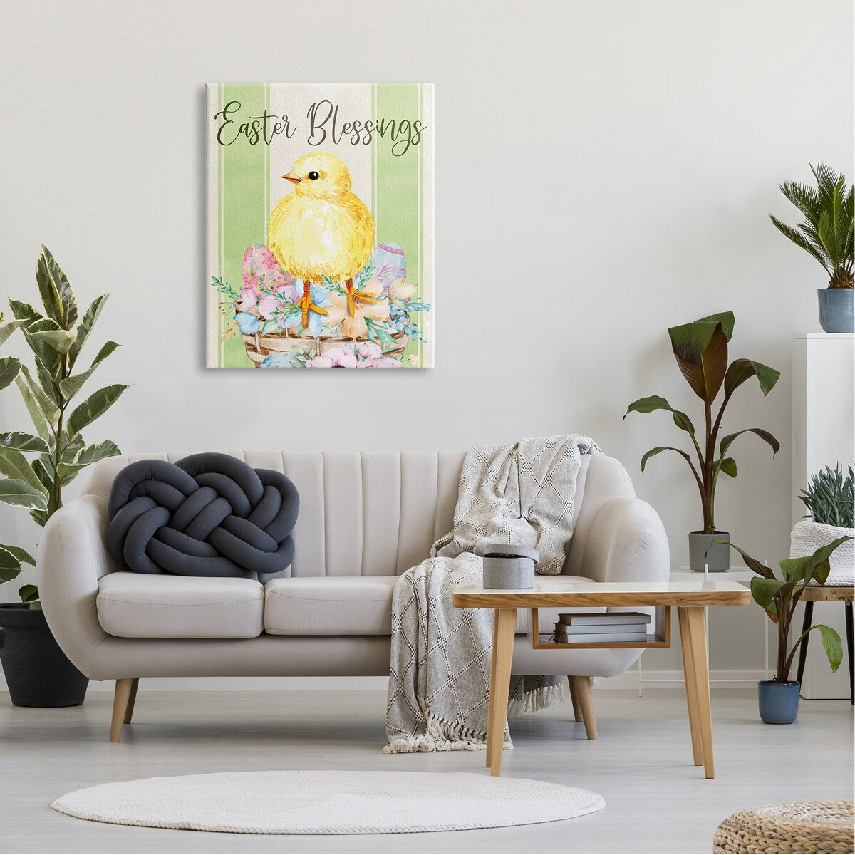 Stupell Easter Blessings Text Striped Yellow Chick Egg Basket Canvas Wall Art