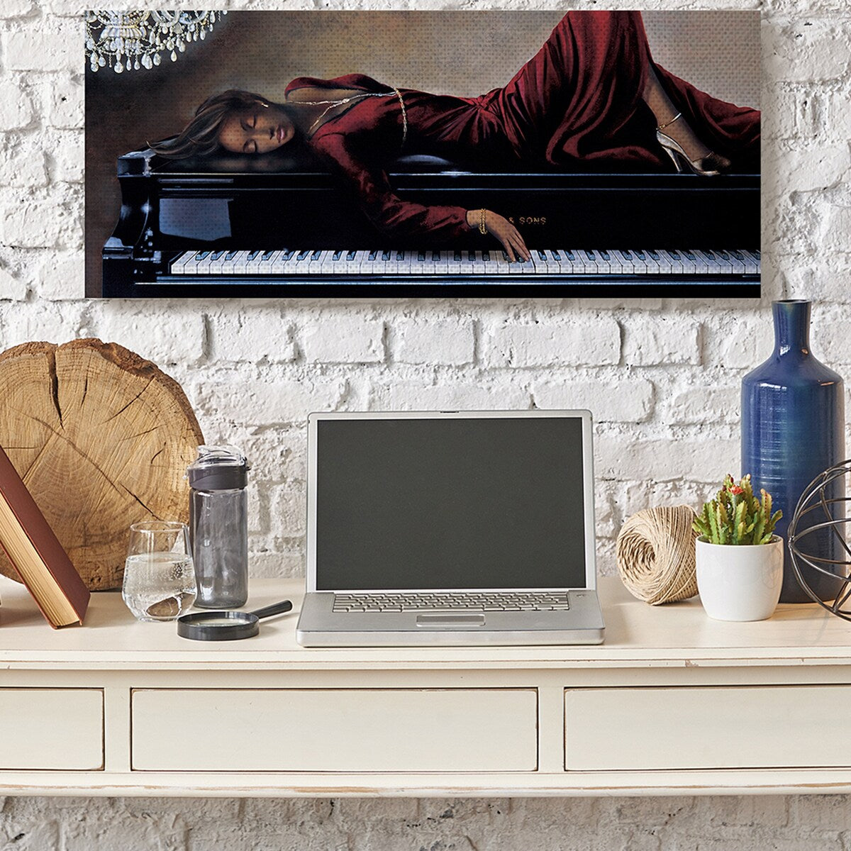 Stupell Female Resting on Piano Glam Musical Instrument Canvas Wall Art